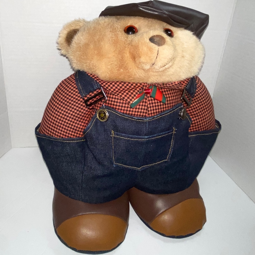SHILLA 1992 Vintage Plush Bear w/Blue Stone Jean Overalls Shoes & Hat Plush
